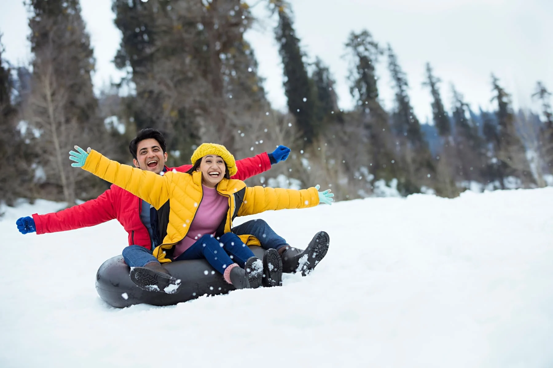 Family sledging in the snow
