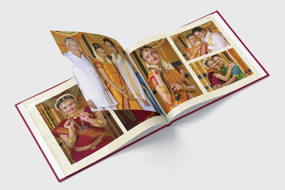 Open layflat wedding album showing a seamless spread