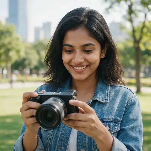 Aspiring photographer reviewing a photo on her camera