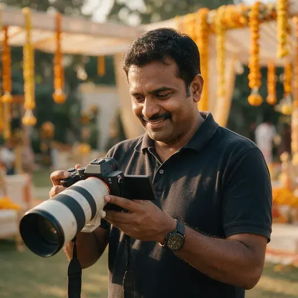Professional wedding photographer checking a shot on his camera